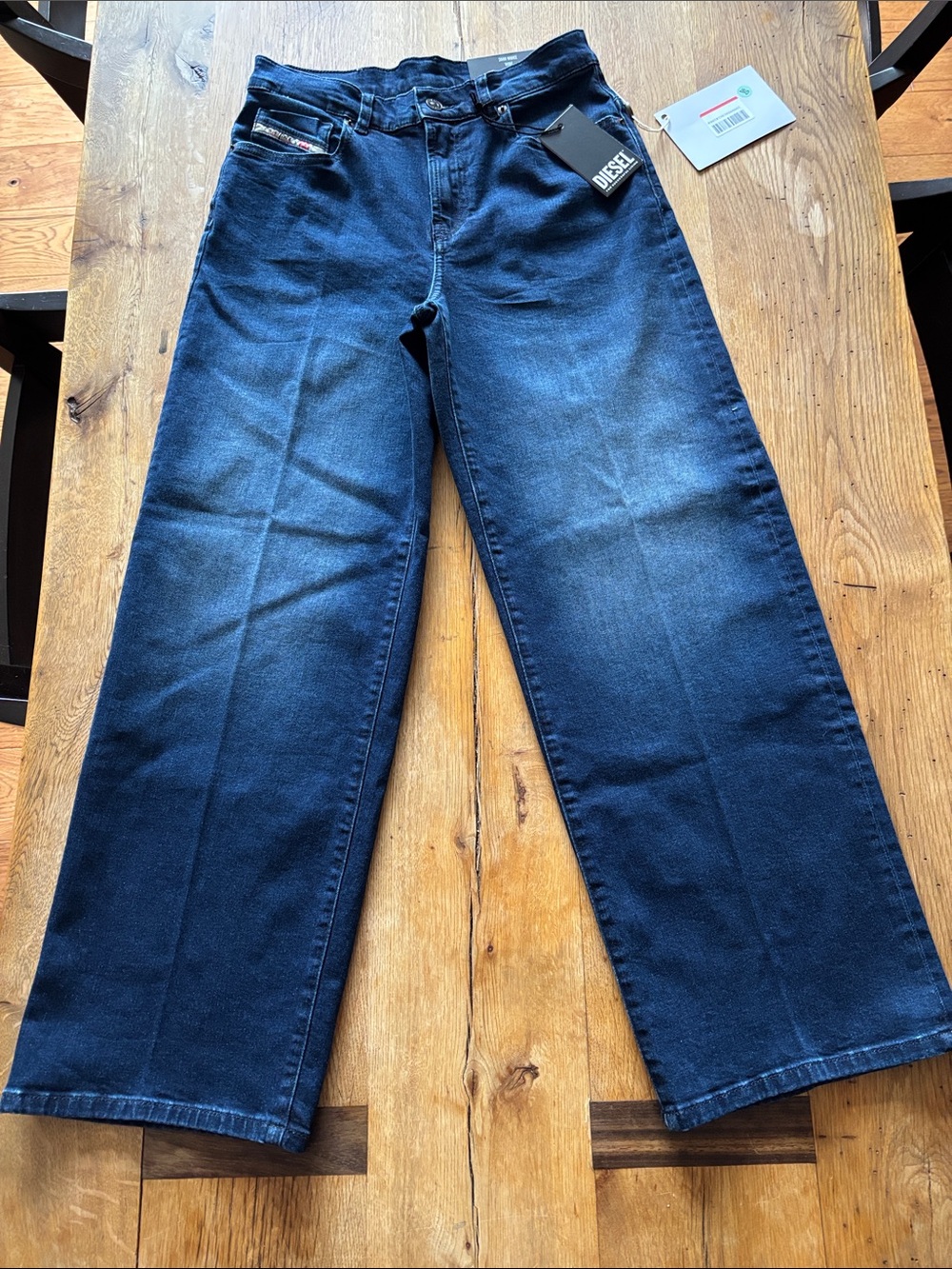 NWT Diesel Jeans Wide Leg High Rise Loose Fit Dark Blue Stretch Italian Denim